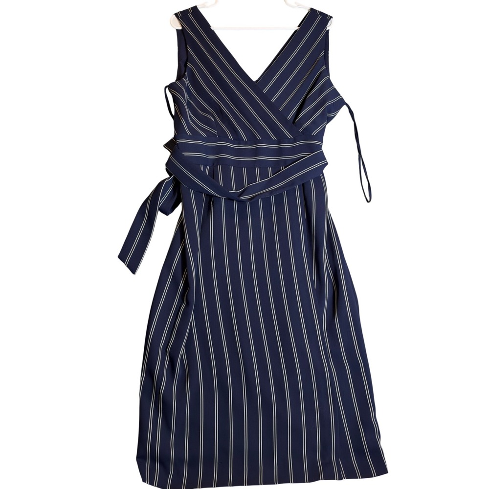 Antonio Melani Navy Ivory Striped Sleeveless Midi Dress with Belt Size 12 NWT